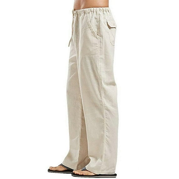 KGPopular Men's Drawstring Elastic Waist Pockets Solid Color Casual Linen Pants