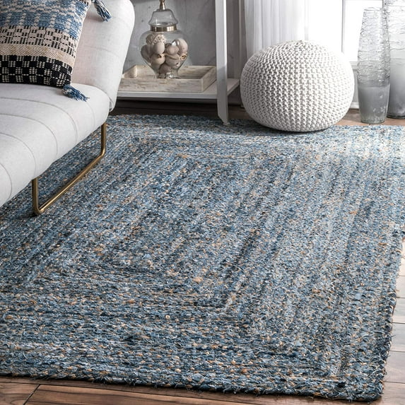 KH Handloom Handmade Hand Braided Denim and Jute Area Rug For Living Room, Jute and Denim Floor Mat, Centre Table Carpet, Home Decore Rug