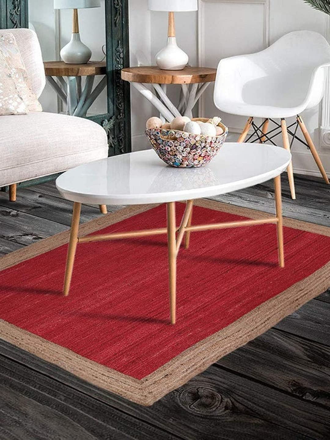 KH Handloom Handmade Hand Braided Natural Jute Area Rug For Living Room, Cotton Floor Mat