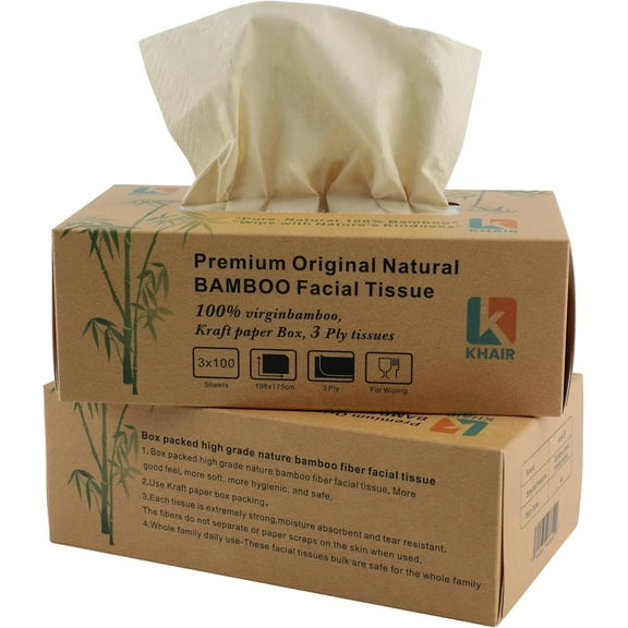 KHAIR Premium Original Natural Bamboo Facial Tissue  Soft, Strong & Eco-Friendly, 2 Pack, 3 ply Tissues, 200 Tissues, 600 Sheets For All type Skin