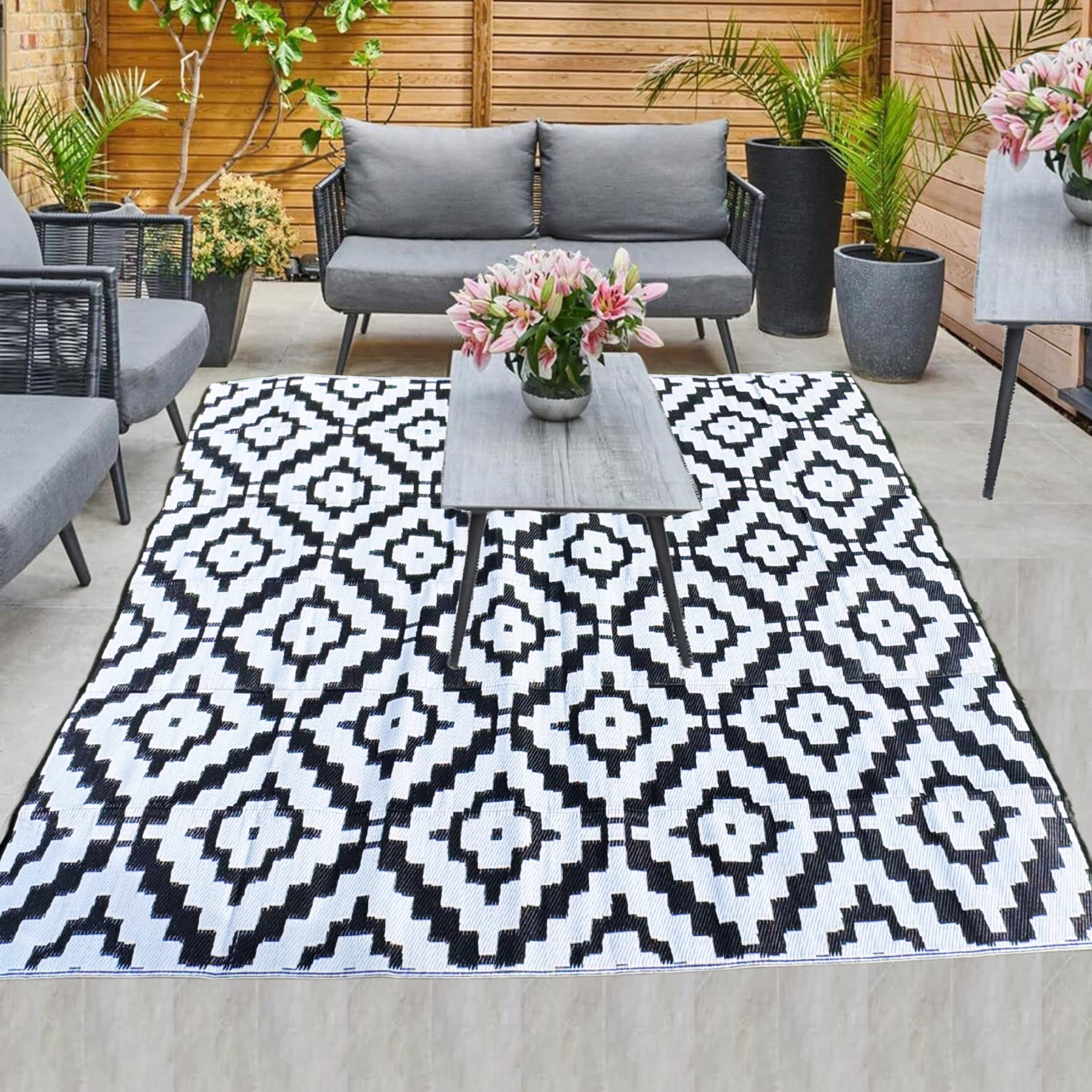 KHAIR Waterproof Outdoor Rug 5×8 Feet, Reversible Plastic Straw Rug for Patio, Garden, Porch, Deck, RV, Camping, Picnic & Backyard – Black & White (5' x 8' (Rectangular))