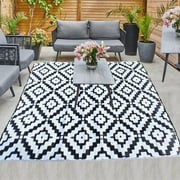 KHAIR Waterproof Outdoor Rug 8×10 Feet, Reversible Plastic Straw Rug for Patio, Garden, Porch, Deck, RV, Camping, Picnic & Backyard – Black & White (8 x 10 (Rectangular))