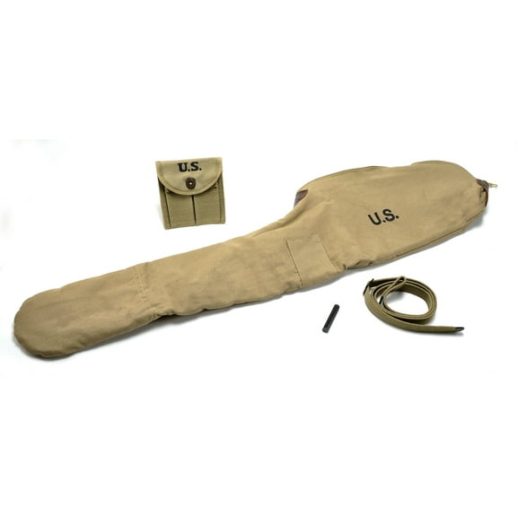 KHAKI 1942 DATED .30 M1 CARBINE SLING, OILER, BUTTSTOCK POUCH & FLEECE LINED CARRY CASE