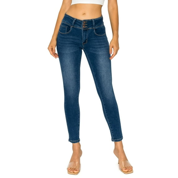 KHAKI & BLUE Women's Denim Daydream Skinny Jeans Mid Rise 3 Button Closure Butt Lift Super Stretchy Soft Stylish Knit Denim Slim Fit Comfy Casual Pants 77525-DM443 PBLUE 1