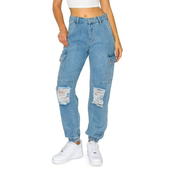 KHAKI & BLUE Women's Denim Joggers High Waisted Destructed Distressed Cargo Pockets Casual Stretch Comfy Jeans Pants 51539 MED 1