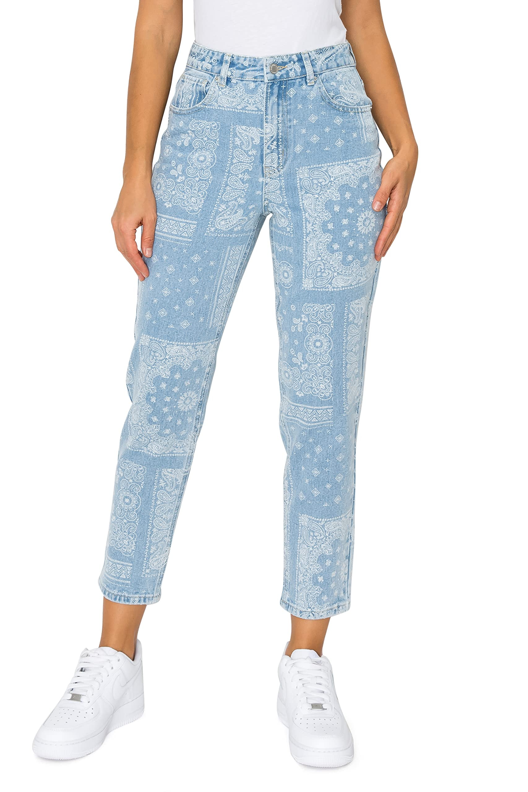 KHAKI & BLUE Women's High Waisted Bandana Printed Mom Jeans
