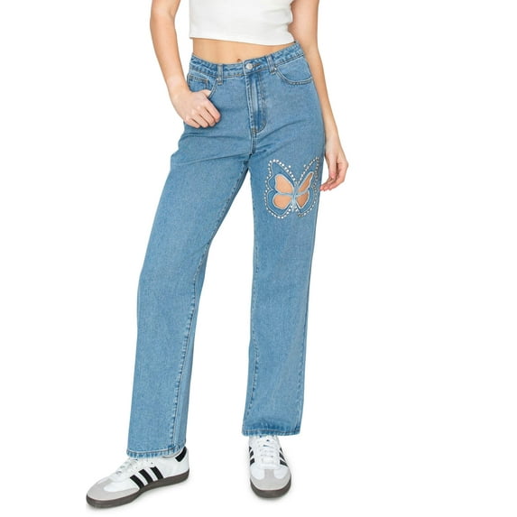 KHAKI & BLUE Women's High Waisted Relaxed Fit Full Length Straight Leg Jeans With Butterfly Patch