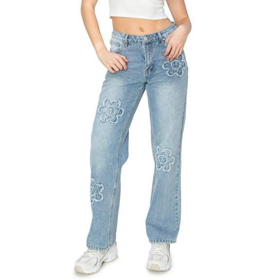 KHAKI & BLUE Women's Low Rise Comfortable Relaxed Fit Baggy Straight Leg Jeans With Daisy Patch