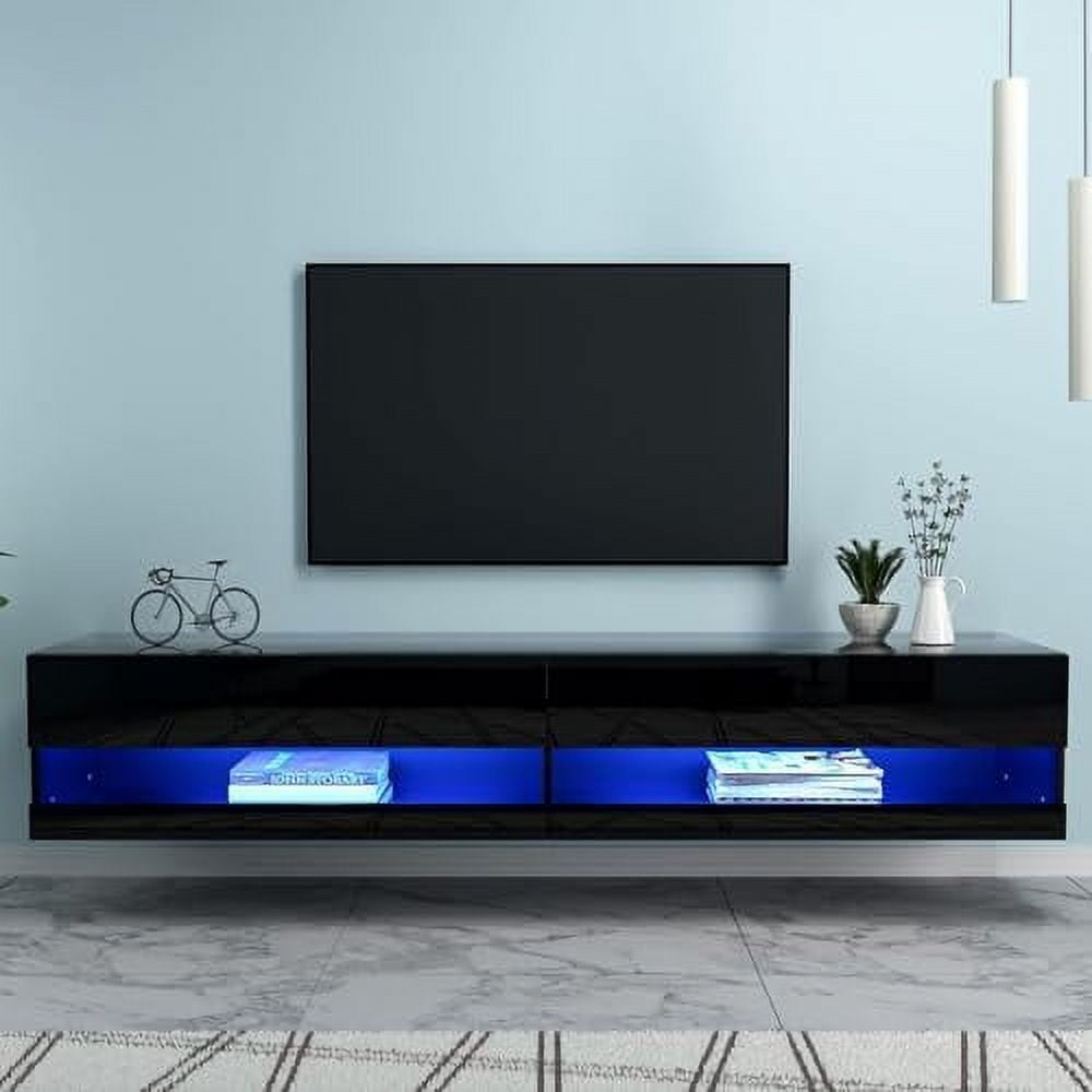 KHBIULIFE Black Floating TV Stand Wall Mounted with LED Light High
