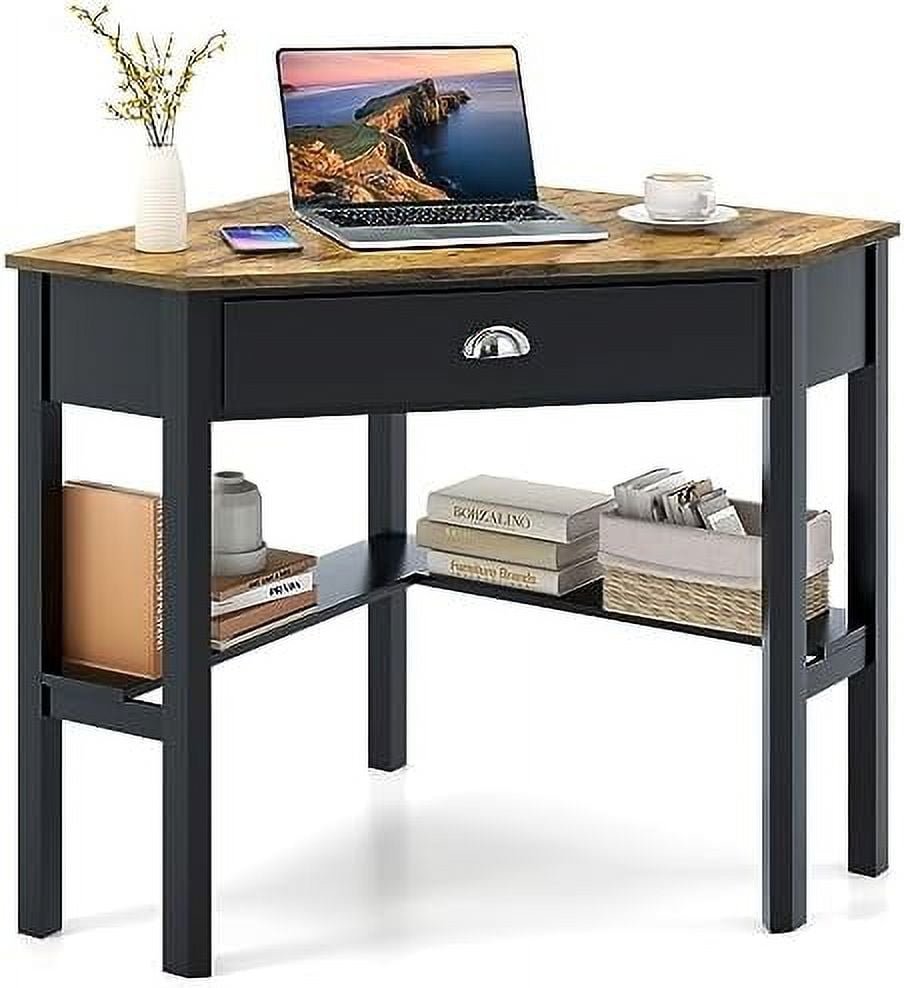 KHBIULIFE Corner Desk with Drawer and Shelves Wooden Home Office Desk