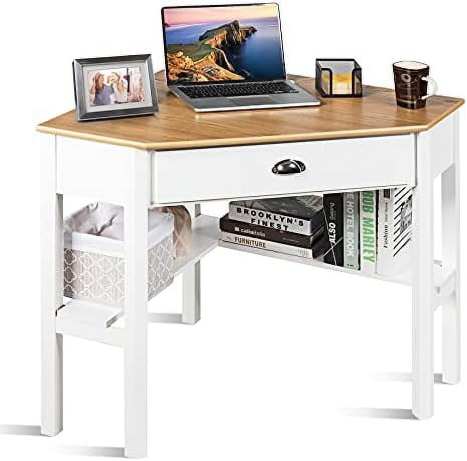 KHBIULIFE Corner Desk with Drawer and Shelves Wooden Home Office Desk