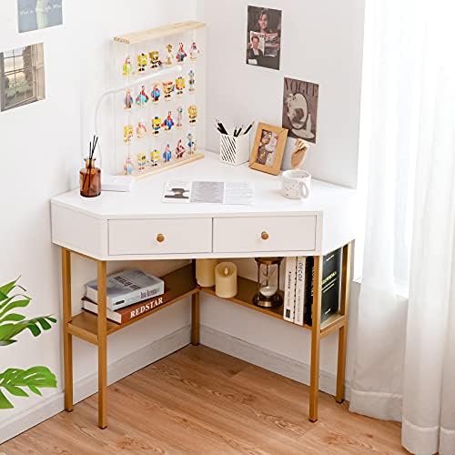 KHBIULIFE Corner Desk with Drawers 90 Degrees Triangle Desk w/ Shelves