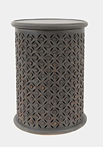Transitional Hand-Carved 17" Round Drum Table in Antique Grey
