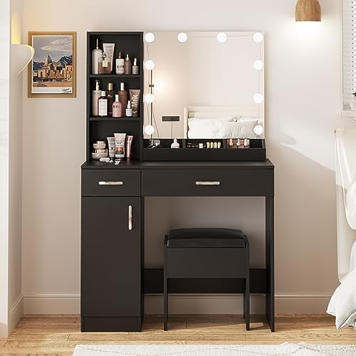 KHBIULIFE Makeup Vanity Desk with Lighted Mirror & Power Strip White 