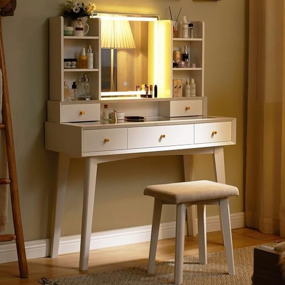 KHBIULIFE Modern Makeup Vanity Desk with Mirror and Lights 42'' Glass