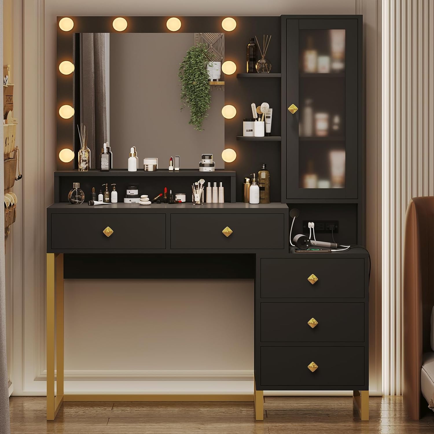 KHBIULIFE Modern Makeup Vanity with Lights and Charging Station Vanity