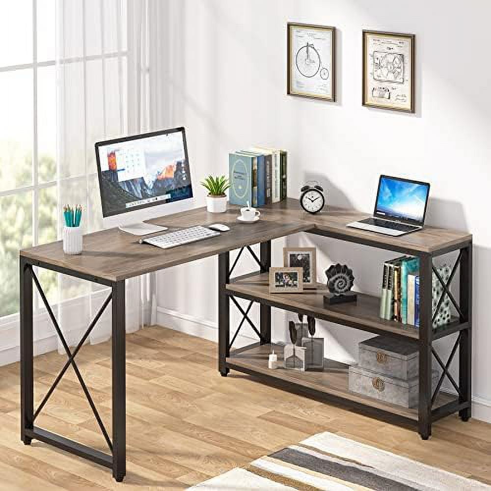 KHBIULIFE Reversible Industrial LShaped Desk with Enclosed Shelves