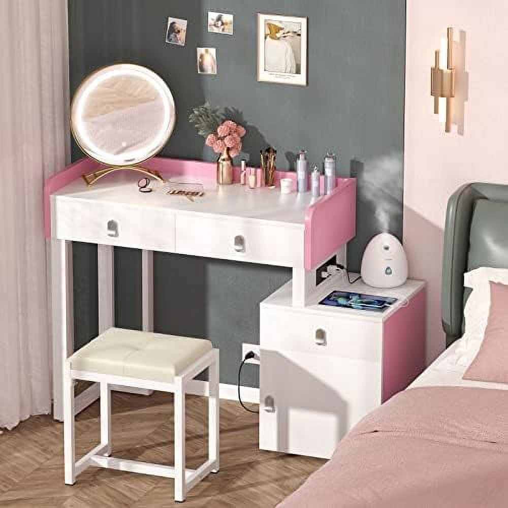 KHBIULIFE Vanity Desk with LED Lighted Mirror & Power Outlets Makeup 