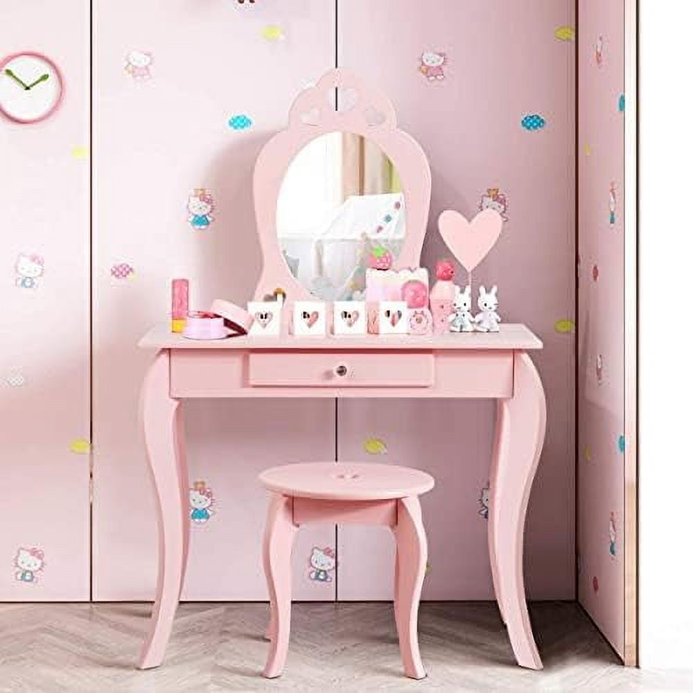 KHBIULIFE Vanity Set with Mirror Toddler Wooden Vanity Table with Stool & Drawer Removable Top