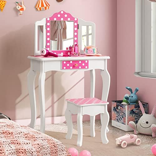 KHBIULIFE Vanity Table and Chair Set Girls Vanity Set with Mirror and