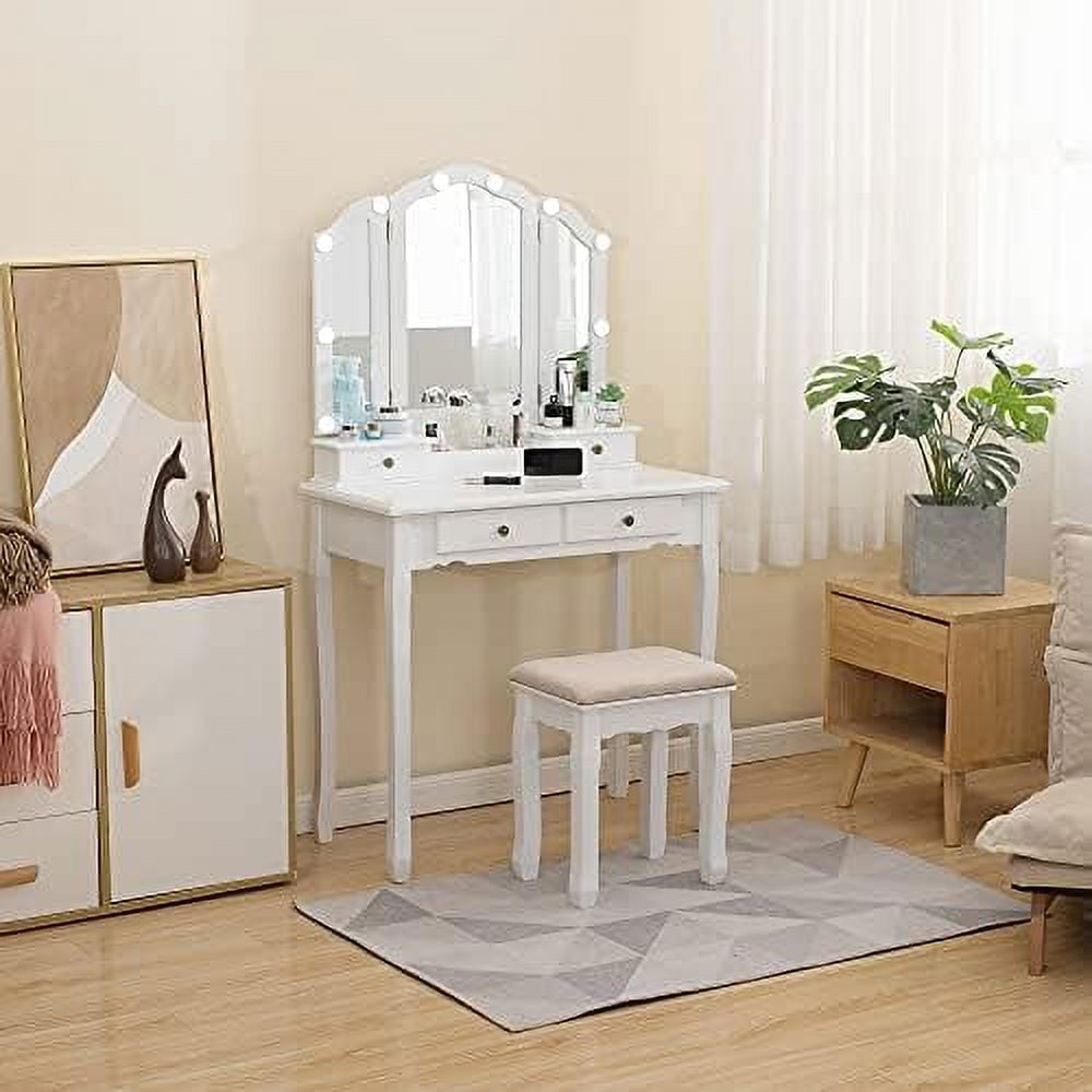 KHBIULIFE Vanity TriFold Makeup Vanity with Mirror Lights and Padded Vanity Stool Solid Wooden
