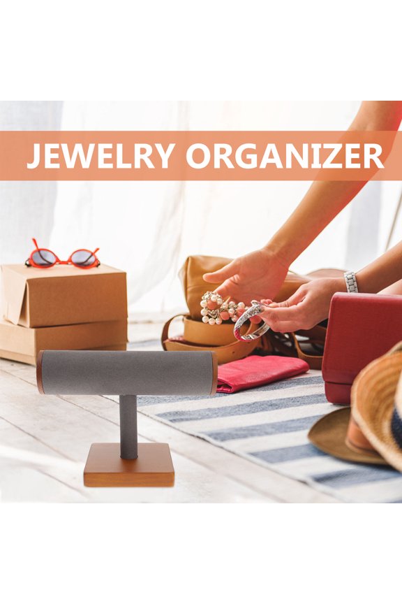 1Set Jewelry Display Stand T-Bar Grey Wood Microfiber For Organizing Bracelets Watches Home Use