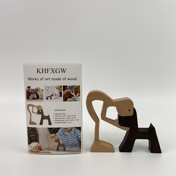 KHFXGW Works of art made of wood,Unique Gift Hand Carved Wood Human & Dog Statue Figurine Sculpture Home Office Decor, Wooden Man & Dog Carving Model to Remember Friendship Between People & Pets