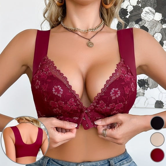 KHJSJOK Womens Everyday Bras Solid Front Closure Fixed Cup Lace Tank Wireless Push Up Bras