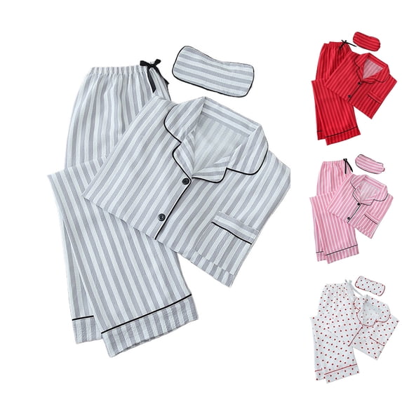 KHJSJOK Womens Pajamas Long Sleeve Stripe Print 3 Piece Cozy All Season Loungewear Sets