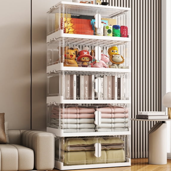 KHNR Clear Storage Bins with Lid,15 Gal Collapsible Storage Bin with Wheels,5 Packs Plastic Storage Boxes, Closet Organizers and Storaging, Open Front Stackable Storage Boxes for Closet Clothes