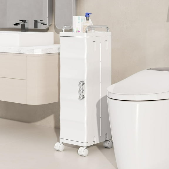 KHNR Slim Bathroom Storage Cabinet with Wheels, Foldable Design with 2 Shelves, Narrow Rolling Organizer with Door for Small Spaces,Bathroom,Kitchen,Laundry,White