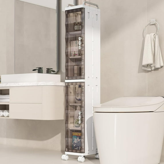 KHNR Slim Bathroom Storage Cabinet with Wheels, Foldable Design with 4 Shelves, Narrow Rolling Organizer with Door for Small Spaces,Bathroom,Kitchen,Laundry,Clear Gray