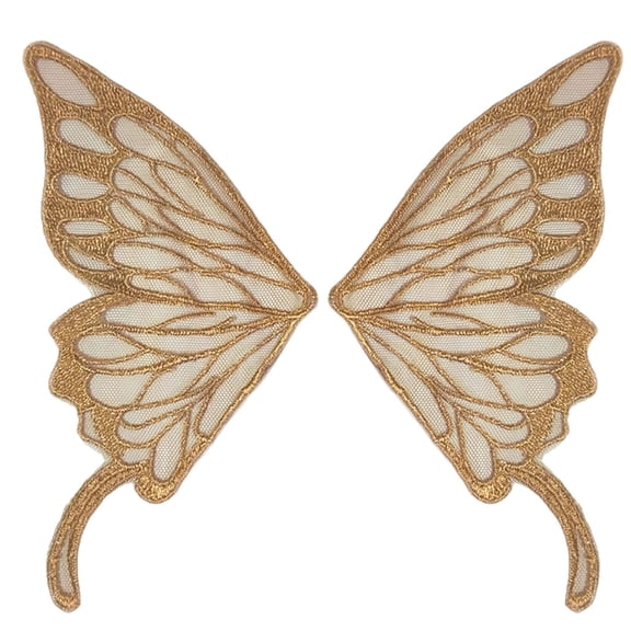 KHONTS 1 Pair Fairy Wings Sew on Patches Butterfly Lace Appliques Wings Embroidery Collar Neckline Trims Embellishments DIY Garment Dress Supplies Gold One Size