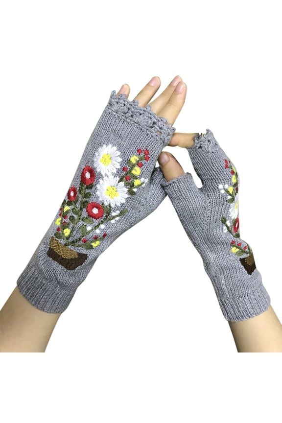 1 Pair Hand Knit Fingerless Embroidery Floral Winter Woolen Gloves Warm Gloves GY1 One Size
