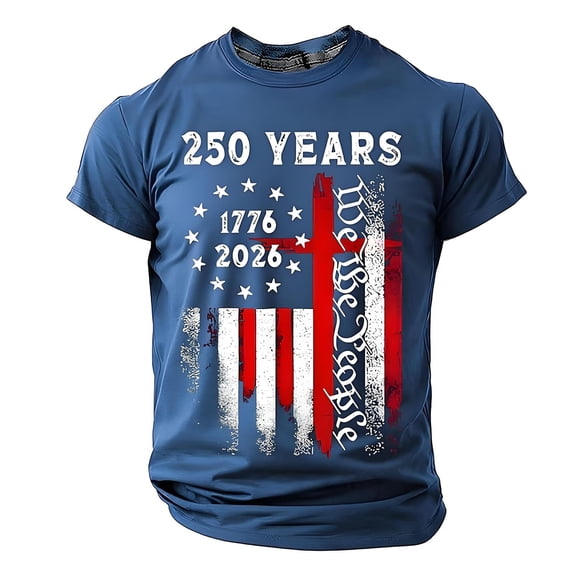 KHONTS 1776-2026 250years Anniversary Shirts for Men USA Flag Retro Printed Tops Short Sleeve Crew Neck Patriotic Tees Blue L