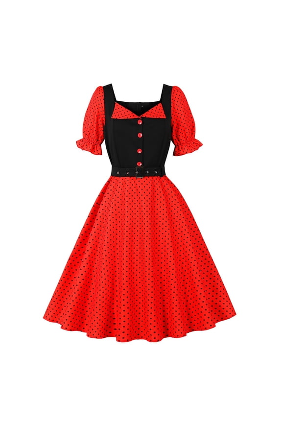 1950s Dresses for Women Polka Dots Rockabilly Retro Short Sleeve Dress Party Evening Prom Gown Red L