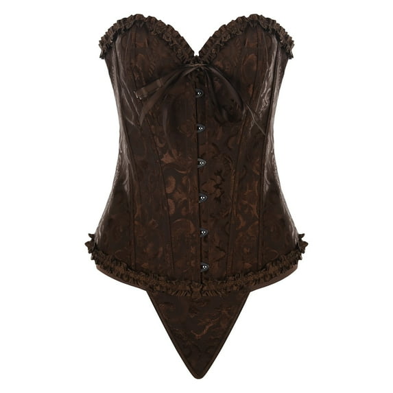 KHONTS,2 Piece Corset Tops for Women Plus Size Waist Cincher Overbust Bustiers Renaissance Steampunk Halloween Costumes with Thong Coffee M