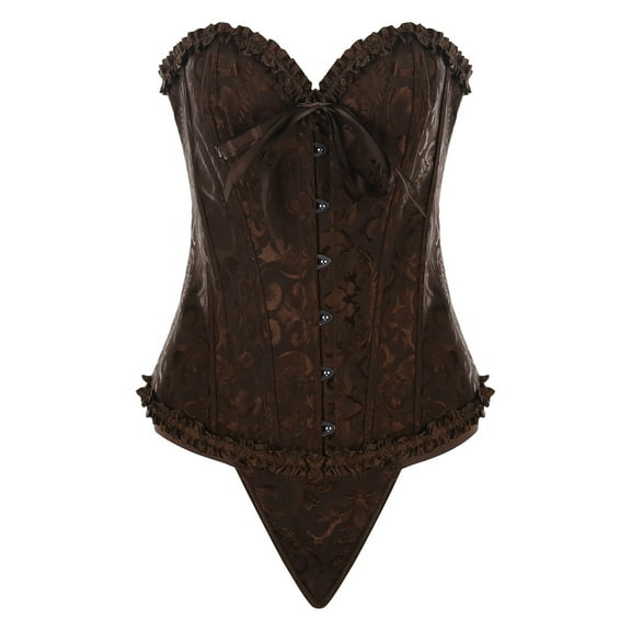 KHONTS,2 Piece Corset Tops for Women Plus Size Waist Cincher Overbust Bustiers Renaissance Steampunk Halloween with Thong Coffee XXXL