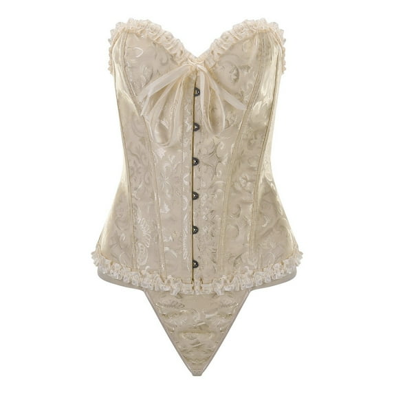 KHONTS,2 Piece Corset Tops for Women Plus Size Waist Cincher Overbust Bustiers Renaissance Steampunk Halloween with Thong Light Pink XXXXXXL