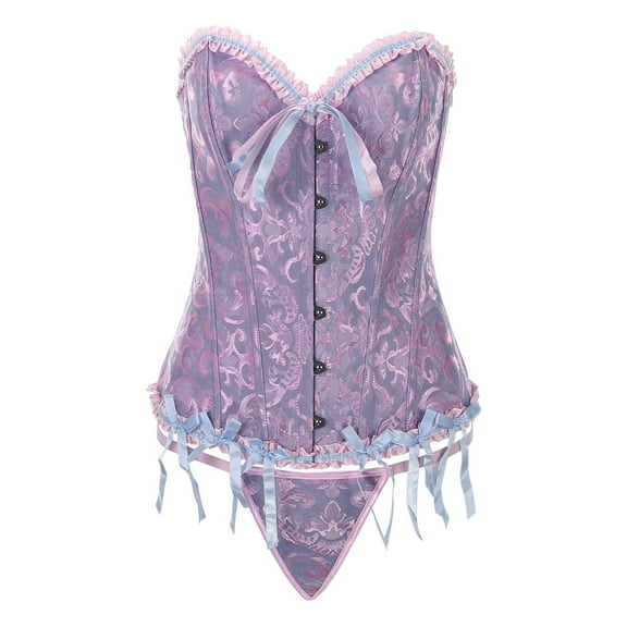 KHONTS,2 Piece Corset Tops for Women Plus Size Waist Cincher Overbust Bustiers Renaissance Steampunk Halloween with Thong Purple2 XXL