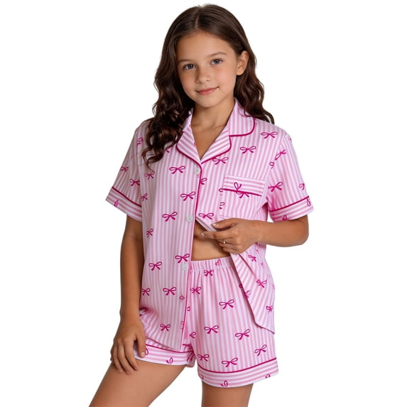 KHONTS 2 Piece Pajamas Stripped Printed Sets for Kids Girls Short Sleeve Button down Shirts and Shorts Sleepwear,Size 8-12 Years 160