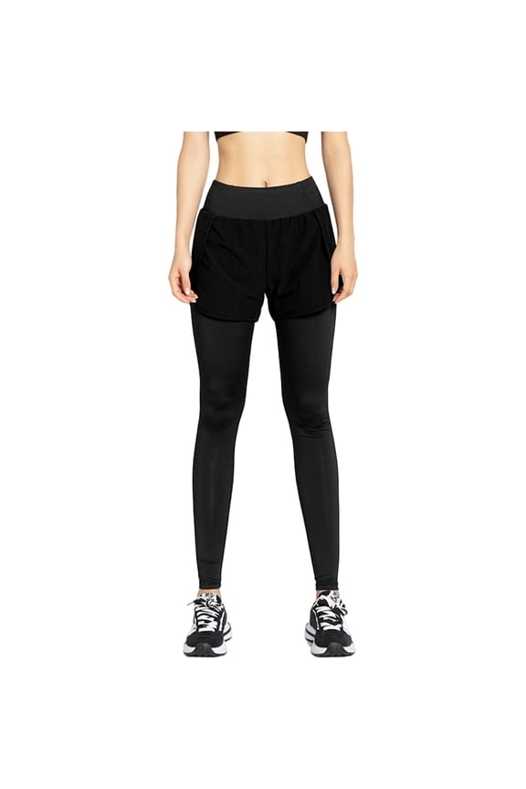 2-in-1 High Waist Leggings with Shorts for Women with Pockets Athletic Yoga Tennis Dance Tights Black M
