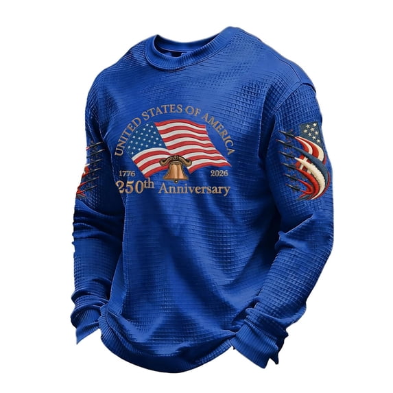 KHONTS 250 Anniversary America Flag Waffle Shirts for Men 1776-2026 Printed Long Sleeve Crew Neck Tees 4th of July Independence Day Tops Blue XXXL
