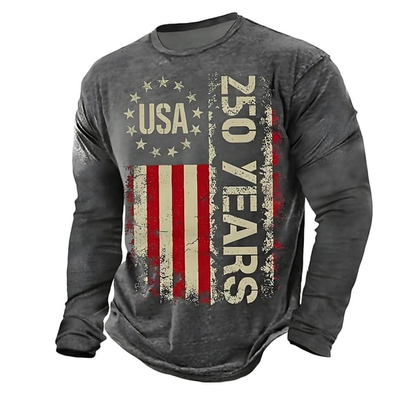 KHONTS 250 Years USA Flag T Shirts for Men Anniversary 250th Birthday Shirt Classic Fit Retro Long Sleeve T-Shirt Grey XL