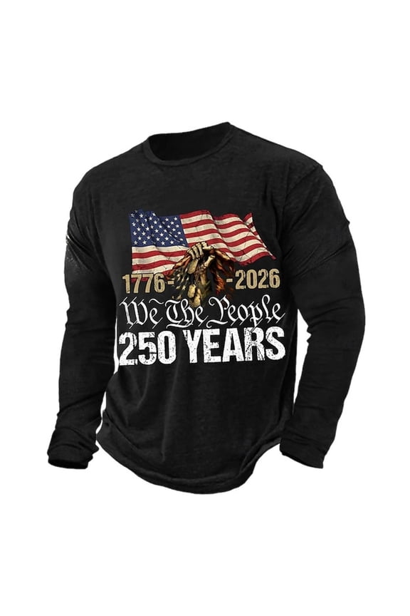 250th Anniversaries USA Flag Long Sleeve T-Shirt for Men Crew Neck Classic Muscle Tees Slim Fit Basic Printed Tops Black S