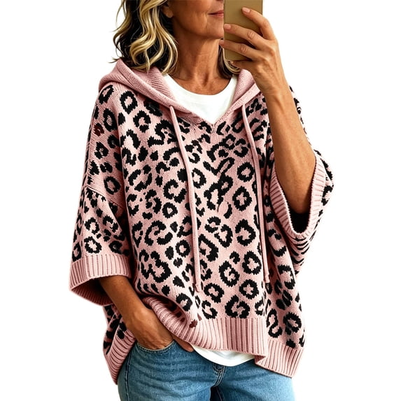 KHONTS 3/4 Sleeve Leopard Sweaters for Women Lightweight Pullover Sweater Hoodie Casual Loose Drawstring Oversized Fall Outfits Pink M