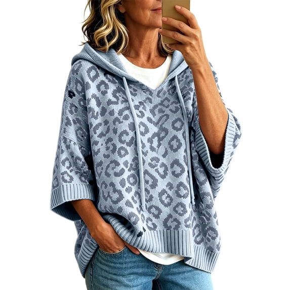 KHONTS 3/4 Sleeve Leopard Sweaters for Women Lightweight Pullover Sweater Hoodie Casual Loose Drawstring Oversized Fall Outfits Sky Blue L