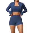 thumbnail image 1 of KHONTS 3 Piece Workout Sets for Women High Waist Seamless Shorts Crop Tops Jacket Gym Yoga Outfit Stretchy Sports Bra Set Blue S, 1 of 3