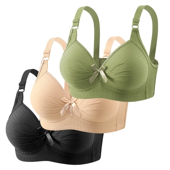 KHONTS 3PC Elegant Bow Push up Bras for Women Plus Size Breathable Full Coverage Wireless Bra Comfortable Supportive Bralettes for Everyday Wear White 44