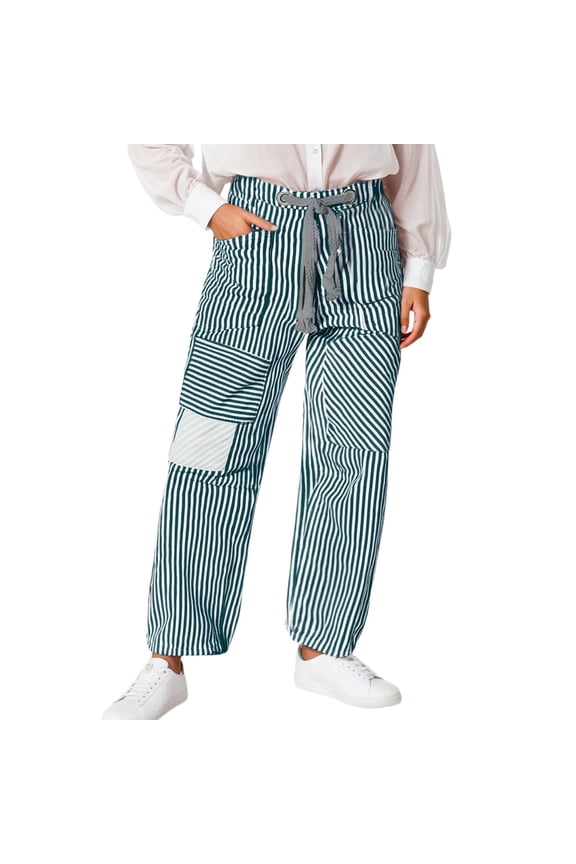 Baggy Barrel Jeans for Women Y2k Striped Drawstring High Waist Straight Wide Leg Boyfriend Jeans Mom Denim Pants Blue S